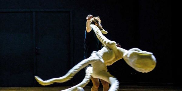 Een foto van een danser in de voorstelling 'Ghost Box' terwijl hij danst met een alien-achtig figuur