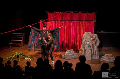 Twee acteurs spelen voor een publiek; één draagt grote vleugels met felle kleuren, de ander kijkt verbaasd tegen een rood decor.