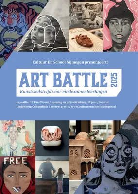 Affiche met de titel Art Battle 2025, omringd door diverse kunstwerken van leerlingen, met informatie over expositie, opening en locatie in het Lindenberg Cultuurhuis