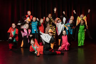 Grote groep kinderen in kleurrijke kostuums poseert enthousiast voor een zwart podiumgordijn