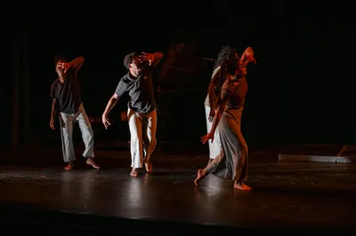 Groep dansers beweegt synchroon over het podium in warme spotlights.