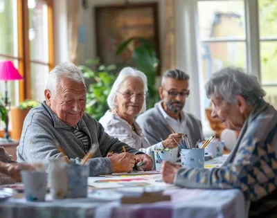 Aan een tafel zitten vier senioren met grijs haar. Ze glimlachen en de sfeer is ontspannen. Op tafel liggen benodigdheden voor een creatieve tekenactiviteit.
