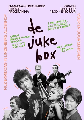 Een poster van de Juke Box informatie en verschillende zangers erop.