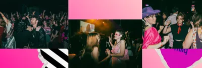 Een banner bestaande uit verschillende foto's van jongeren in gekleurde kleding die vrolijk aan het dansen zijn.