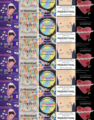Collage van verschillende kleurrijke affiches voor het voordrachtfestival "Je Moerstaal", met diverse illustraties en ontwerpen van leerlingen