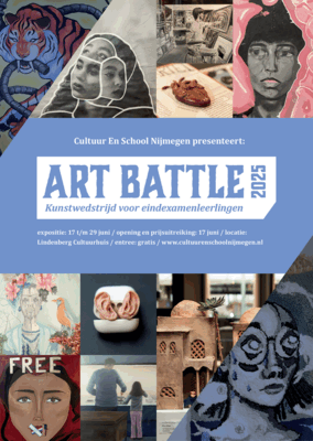 Affiche met de titel Art Battle 2025, omringd door diverse kunstwerken van leerlingen, met informatie over expositie, opening en locatie in het Lindenberg Cultuurhuis