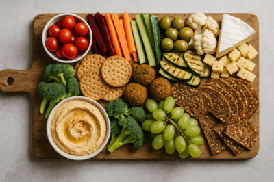 Een houten plank met vegetarische borrelhapjes