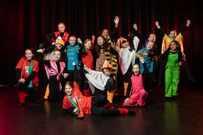 Grote groep kinderen in kleurrijke kostuums poseert enthousiast voor een zwart podiumgordijn