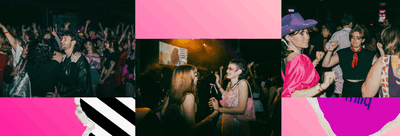 Een banner bestaande uit verschillende foto's van jongeren in gekleurde kleding die vrolijk aan het dansen zijn.