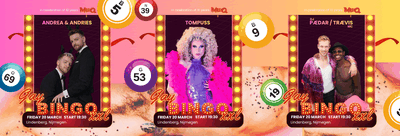 Een banner waarin de artiesten Andrea&Andries, Tompuss en DJ Paedar en Traevis aan de hand van foto's aangekondigd worden. Eromheen staan gekleurde bingoballen.