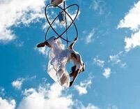 Luchtacrobaat zweeft hoog in de lucht in een ring tegen een blauwe hemel.