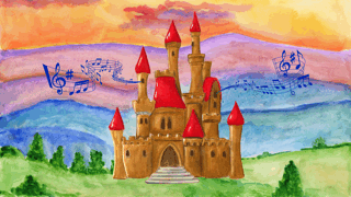 Een schilderij van waterverf waarop een sprookjeskasteel te zien is. Uit de ramen komen muzieknootjes gevlogen.